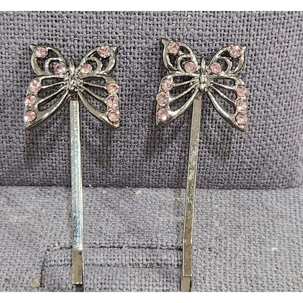 VTG Pink Rhinestones Silver Pair of Butterflies Hair Pins Lightweight Metal